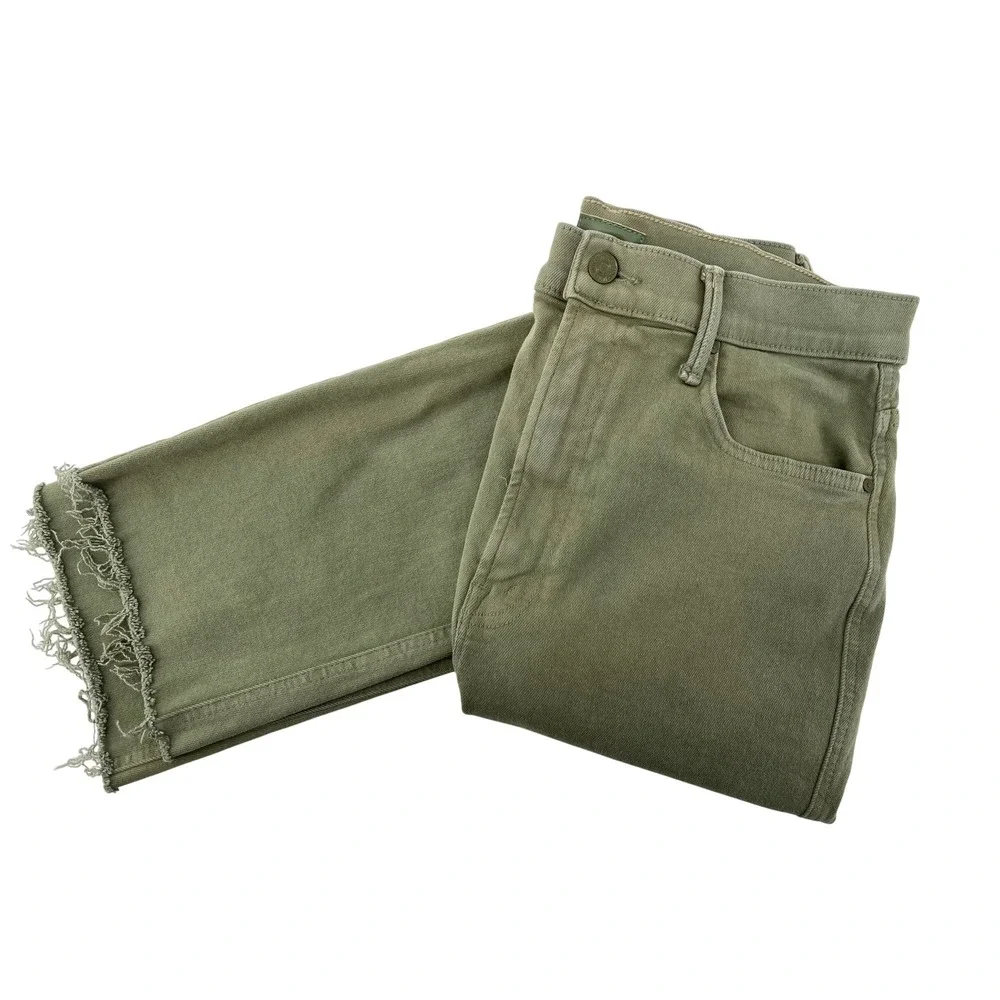 MOTHER High Waisted Smokin Double Ankle Jeans Oil Green‎ Raw Hem Size 32